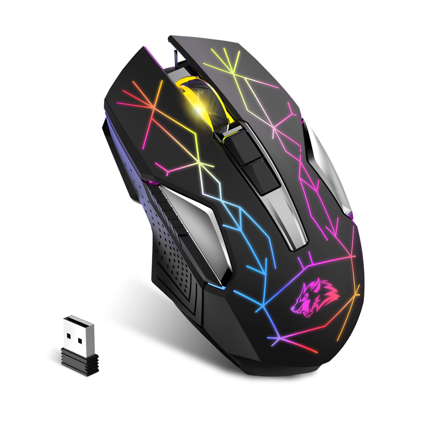 KUIYN X18 Souris de Jeu sans Fil 2,4 G, Rechargeable, 600 mAh Ultra Longue durée de Vie, 7 Couleurs RVB, 2400 DPI, économie, clic Silencieux, récepteur USB pour PC/Mac/PS4/Xbox (Noir étoilé)