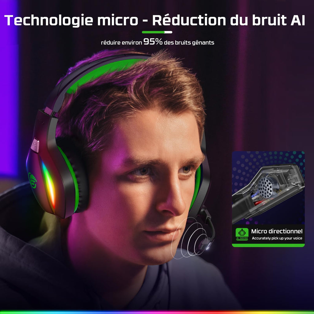 Fachixy FC100 Casque Gaming pour PC, PS4, PS5, Xbox, Mac, Nintendo Switch, Casque Gamer PS4 avec Lumière RVB, Casque PS5 avec Micro, Casque Antibruit avec Prise Jack 3,5 MM - Vert