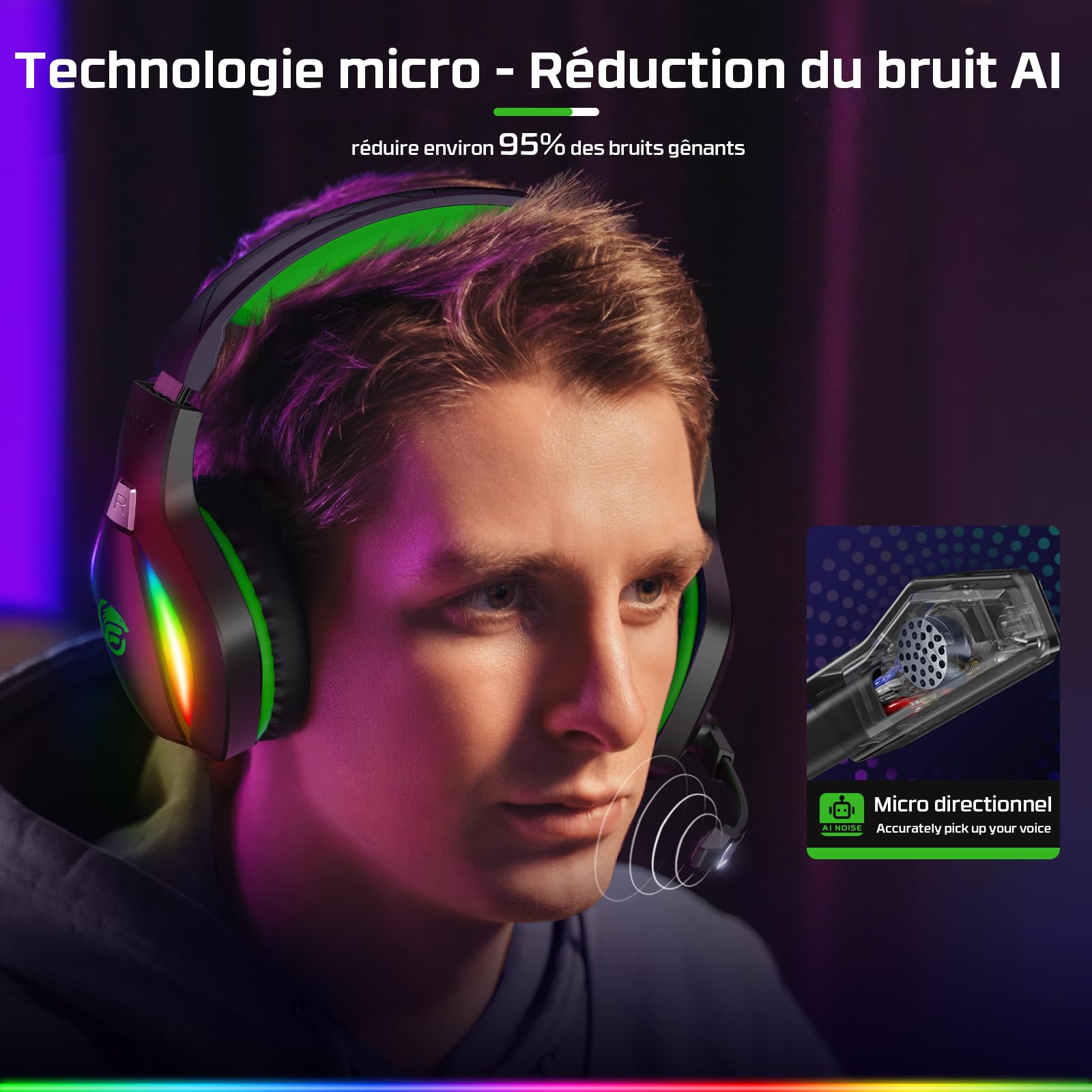 Fachixy FC100 Casque Gaming pour PC, PS4, PS5, Xbox, Mac, Nintendo Switch, Casque Gamer PS4 avec Lumière RVB, Casque PS5 avec Micro, Casque Antibruit avec Prise Jack 3,5 MM - Vert