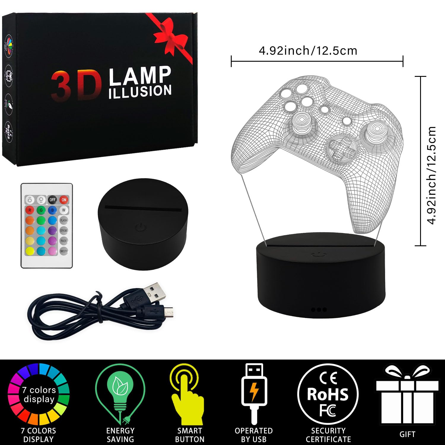 Gemi 3D Lampe Gaming, Lampe Gamer 16 Couleurs Graduables, Rechargeable, Avec Câble, Commandes Tactiles et Télécommandes, Gamer deco chambre, Gaming Cadeau pour Gamer Fans Enfants Garçons Hommes