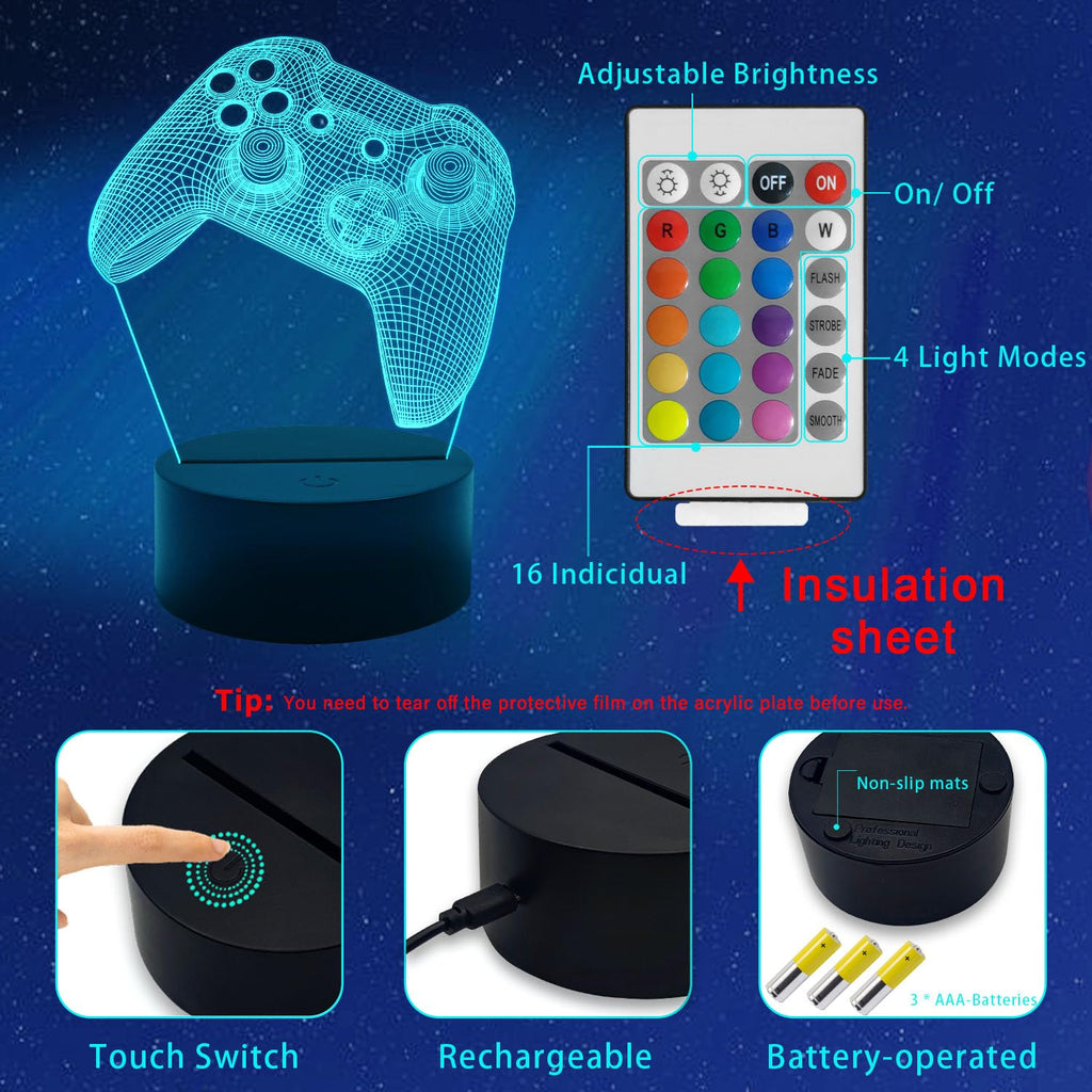Gemi 3D Lampe Gaming, Lampe Gamer 16 Couleurs Graduables, Rechargeable, Avec Câble, Commandes Tactiles et Télécommandes, Gamer deco chambre, Gaming Cadeau pour Gamer Fans Enfants Garçons Hommes