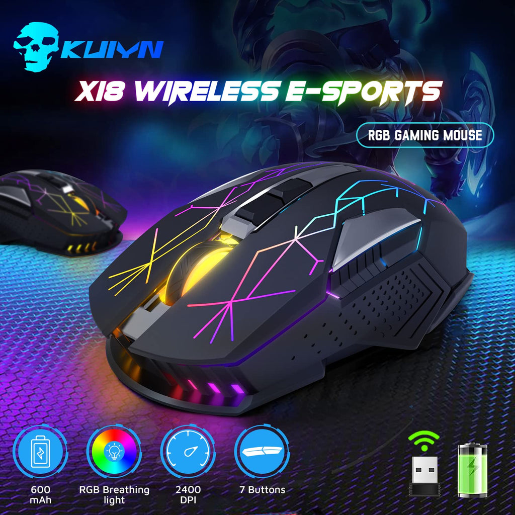 KUIYN X18 Souris de Jeu sans Fil 2,4 G, Rechargeable, 600 mAh Ultra Longue durée de Vie, 7 Couleurs RVB, 2400 DPI, économie, clic Silencieux, récepteur USB pour PC/Mac/PS4/Xbox (Noir étoilé)