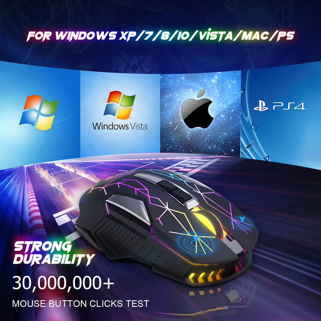 KUIYN X18 Souris de Jeu sans Fil 2,4 G, Rechargeable, 600 mAh Ultra Longue durée de Vie, 7 Couleurs RVB, 2400 DPI, économie, clic Silencieux, récepteur USB pour PC/Mac/PS4/Xbox (Noir étoilé)