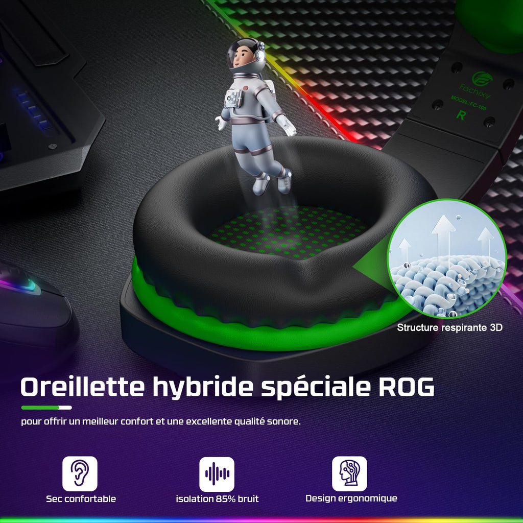 Fachixy FC100 Casque Gaming pour PC, PS4, PS5, Xbox, Mac, Nintendo Switch, Casque Gamer PS4 avec Lumière RVB, Casque PS5 avec Micro, Casque Antibruit avec Prise Jack 3,5 MM - Vert