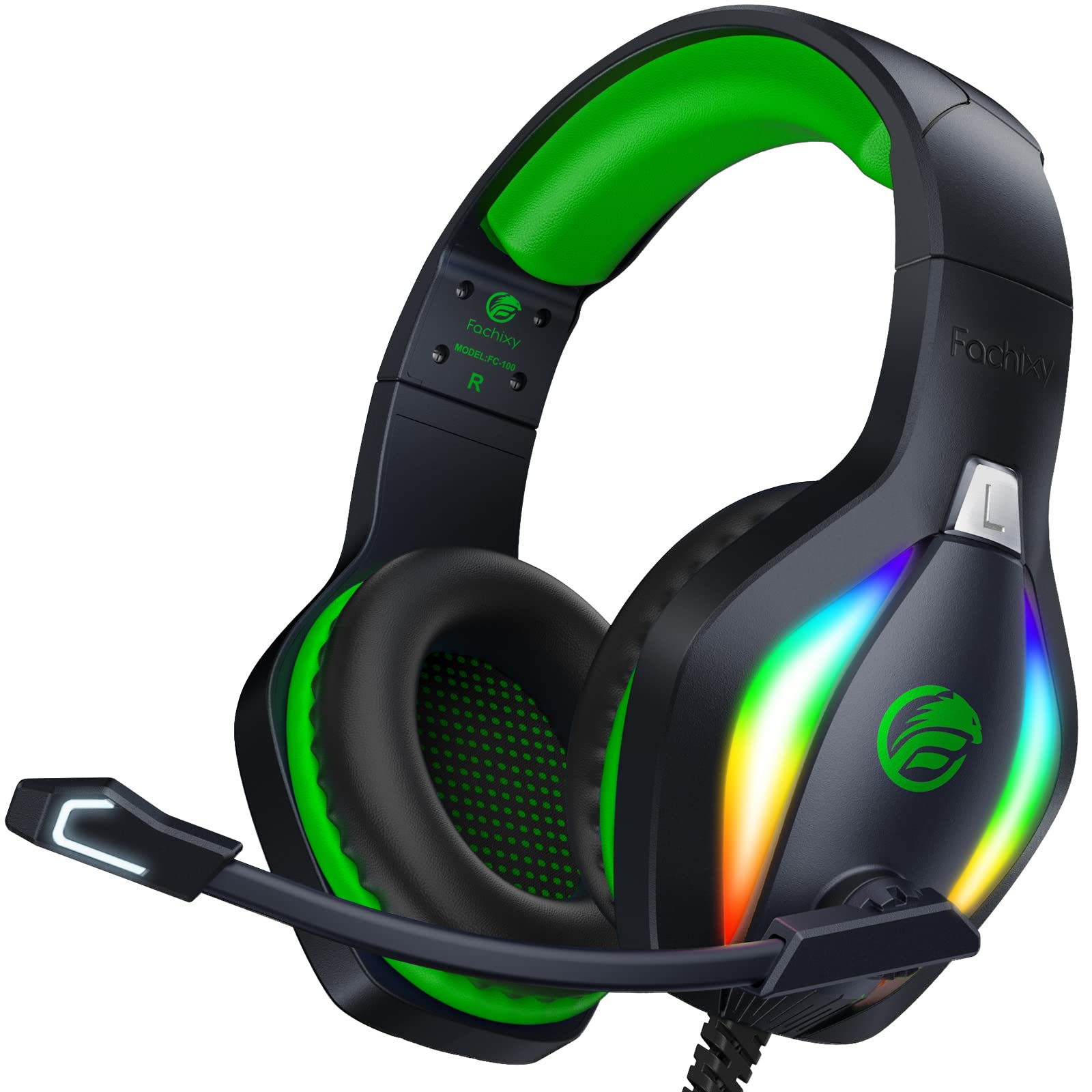 Fachixy FC100 Casque Gaming pour PC, PS4, PS5, Xbox, Mac, Nintendo Switch, Casque Gamer PS4 avec Lumière RVB, Casque PS5 avec Micro, Casque Antibruit avec Prise Jack 3,5 MM - Vert
