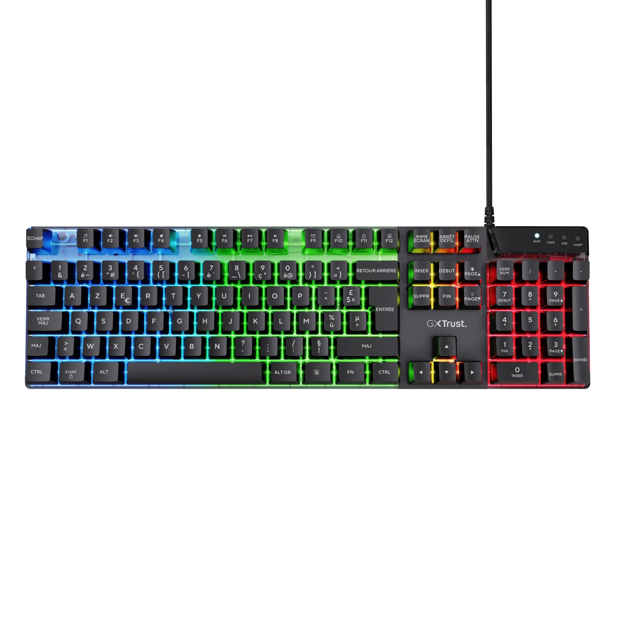 Trust Gaming GXT 835 Azor Clavier Gamer Filaire AZERTY Français, Éclairage LED Arc-en-Ciel, Mode Jeu, 8 Touches Anti-ghosting, Clavier Gaming à Membrane USB, PC/Ordinateur Portable - Noir