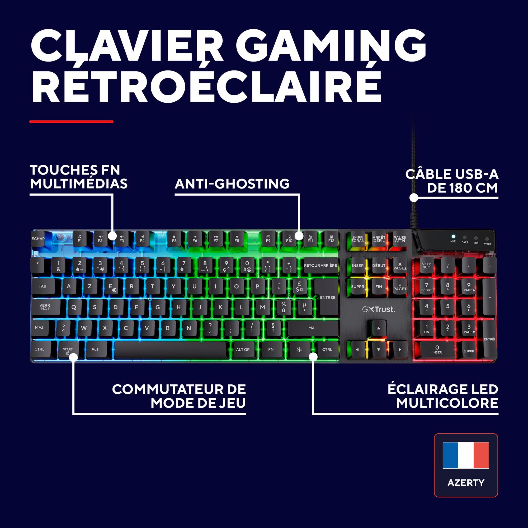Trust Gaming GXT 835 Azor Clavier Gamer Filaire AZERTY Français, Éclairage LED Arc-en-Ciel, Mode Jeu, 8 Touches Anti-ghosting, Clavier Gaming à Membrane USB, PC/Ordinateur Portable - Noir