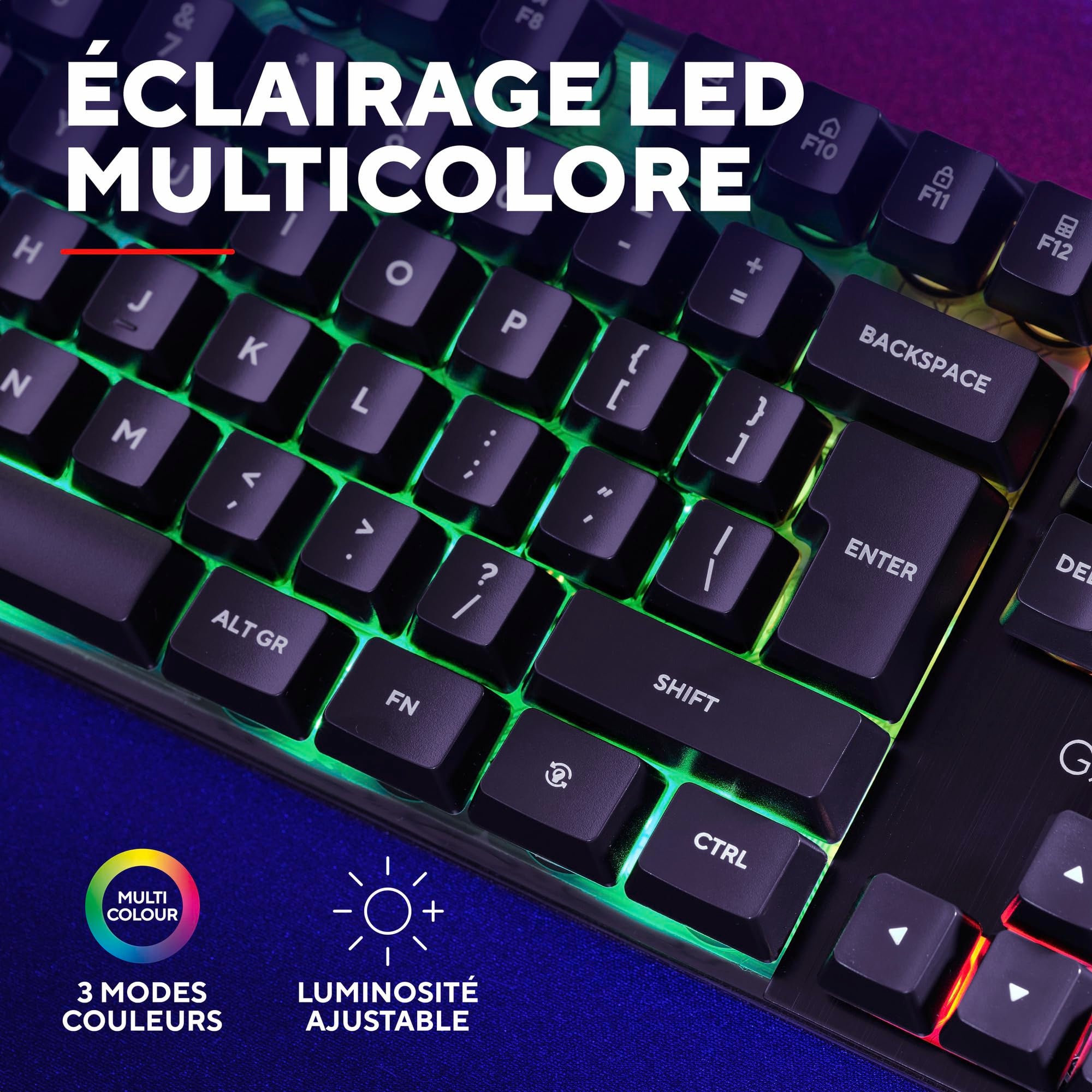 Trust Gaming GXT 835 Azor Clavier Gamer Filaire AZERTY Français, Éclairage LED Arc-en-Ciel, Mode Jeu, 8 Touches Anti-ghosting, Clavier Gaming à Membrane USB, PC/Ordinateur Portable - Noir