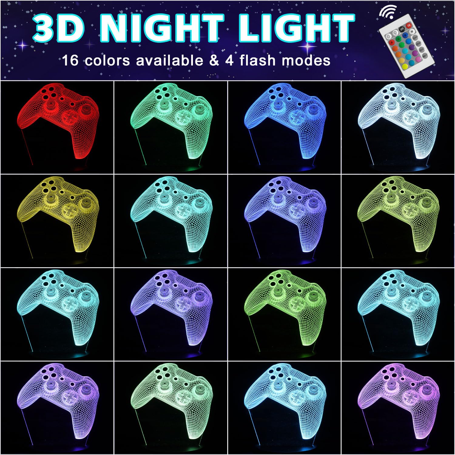 Gemi 3D Lampe Gaming, Lampe Gamer 16 Couleurs Graduables, Rechargeable, Avec Câble, Commandes Tactiles et Télécommandes, Gamer deco chambre, Gaming Cadeau pour Gamer Fans Enfants Garçons Hommes