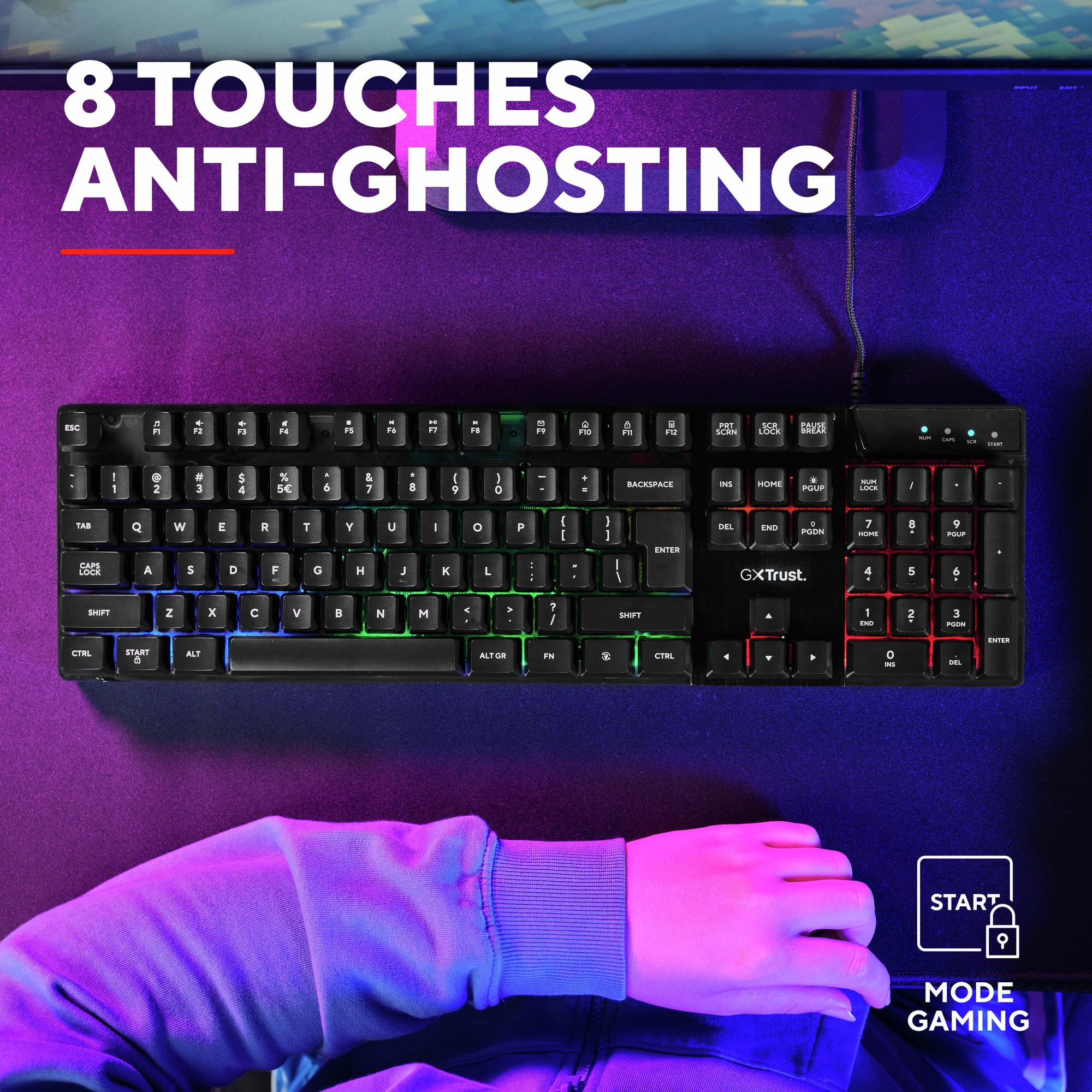 Trust Gaming GXT 835 Azor Clavier Gamer Filaire AZERTY Français, Éclairage LED Arc-en-Ciel, Mode Jeu, 8 Touches Anti-ghosting, Clavier Gaming à Membrane USB, PC/Ordinateur Portable - Noir